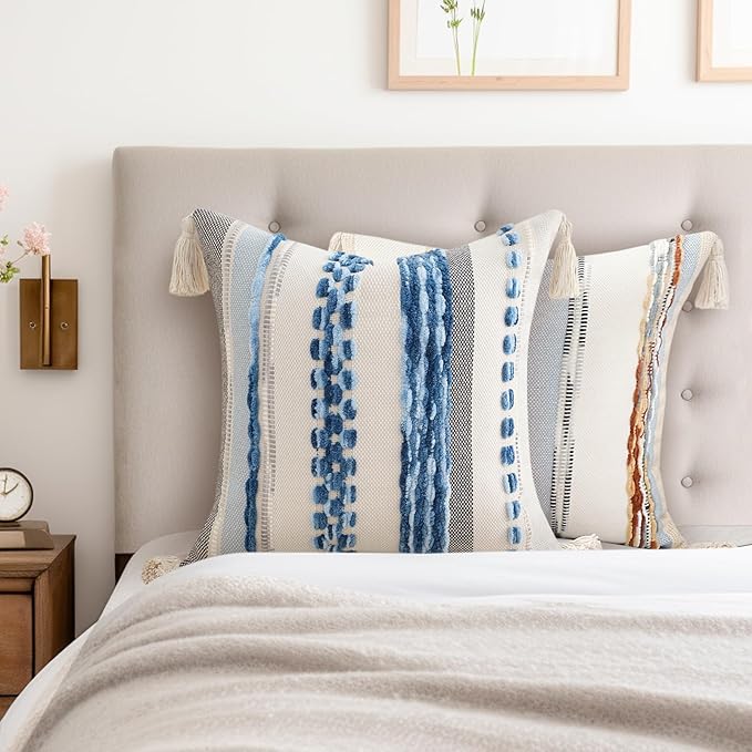 decorUhome Boho Decorative Throw Pillow Covers 18x18 Set of 2, Striped Chenille Tufted Pillow Covers with Tassels for Couch Bed Sofa, Sky Blue