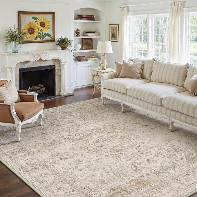 9x12 Beige Area Rug Vintage Living Room Bedroom Washable Carpet Non-Slip Soft Low Pile Distressed Indoor Large Throw Rug for Dining Room Office