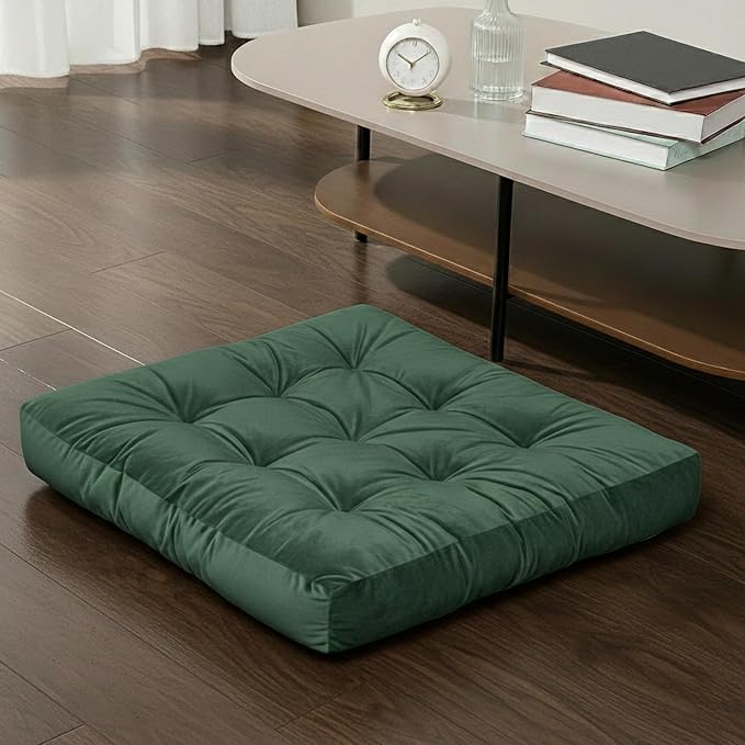 Floor Pillow for Sitting, Large Velvet Floor Seating Cushion for Adults, Tufted Big Pillow for Meditation, Yoga & Living Room, Machine Washable, 22x22 Inch, Green