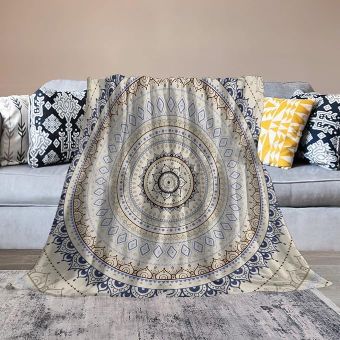 Mandala Throw Blanket Retro Eastern Backdrop Swirled Cosmic Lotus Yoga Boho Artwork Blanket for Sofa Bed Couch Chair Or Dorm 70"x80"