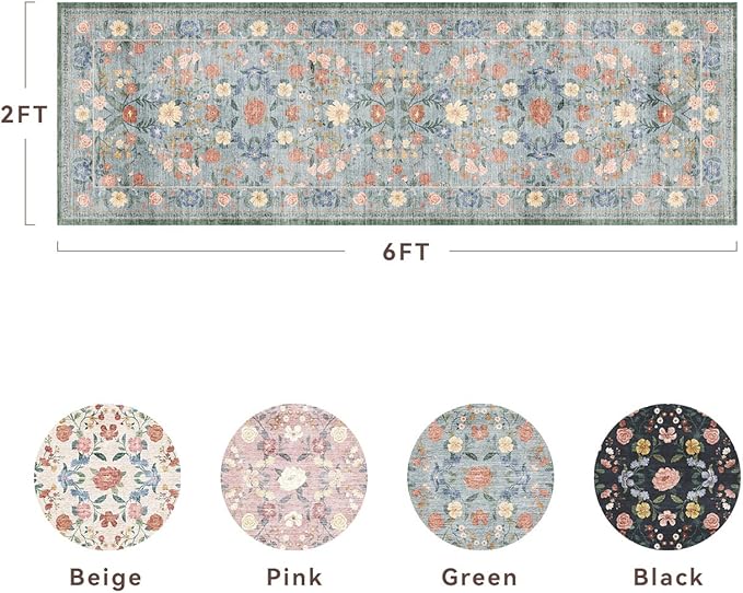 AMOAMI Vintage Floral Runners for Hallways Indoor, 2x6 Kitchen Runner Rug Non Slip Machine Washable Entryway Rug Runner Ultra Soft Boho Carpet Runner for Hallway Kitchen Bedside Entryway, Green