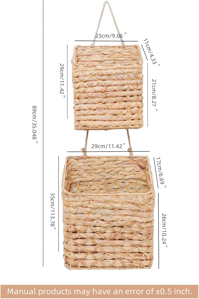 2-Tier Wall Hanging Wicker Water Hyacinth storage baskets Set,Woven Rustic Natural Farmhouse Door Baskets Organizer for decor,Kitchen Pantry, Home Office, Entryway, Bathroom