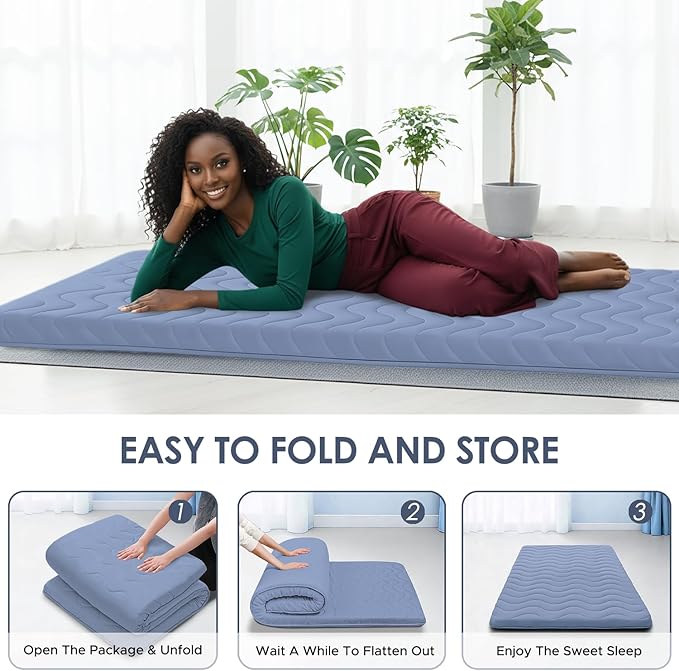 Japanese Floor Mattress, 100% High Density Comfortable Foam, 4" Thicken Foldable Mattress Tatami Mat Sleeping Pad, Ideal for Comfort and Support, Kids Floor Lounger Pillow Bed Sofa, Blue, Twin