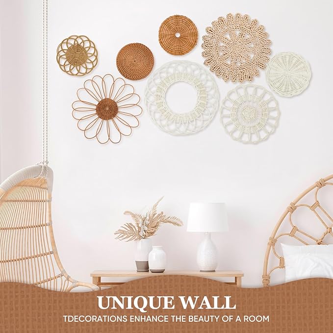 Boho Wall Basket Decor Set of 8,Rattan Flower Wall Decor,Flat Woven Baskets Wall Hanging Decor,Unique Boho Wicker Seagrass Wall Decor(Rattan Classic)