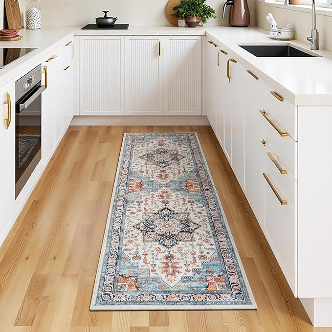 Lessymo Washable 2x6 Runner Rug for Hallway Entryway, Non Slip Kitchen Area Rugs Indoor Mat for Bedroom Bathroom Laundry Farmhouse, Soft Vintage Floor Carpet Stain Resistant Low Pile, Orange/Blue