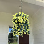 NXUGAO Artificial Flowers with Hanging Basket for Outdoors Indoors Decor, Faux Silk Chrysanthemum Plants in Baskets for Home Decoration Garden Yard Patio, 4 Bundles with 1 Basket