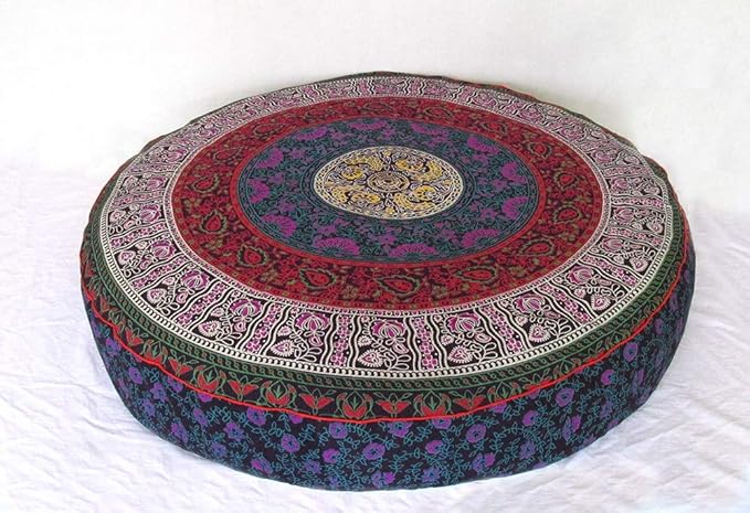 ICC Large Hippie Mandala Round Floor Pillow Cover Ottoman Pouf Cover Daybed Oversized Cotton Cushion Cover with Heavy Duty Zipper Seating Ottoman Poufs Dog-Pets Bed (Purple 6 kaam Flower, 35" Round)
