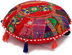 Indian Ethnic Floor Cushion for Kids Bohemian Red 18 Inch Patchwork Meditation Ottoman Stool Home Decor Embroidered Vintage Cotton Round Floor Pillow Adult 18x18