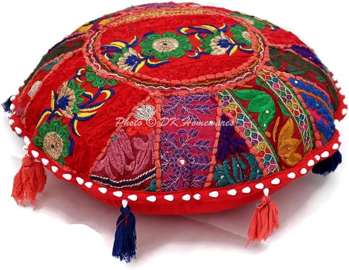 Indian Ethnic Floor Cushion for Kids Bohemian Red 18 Inch Patchwork Meditation Ottoman Stool Home Decor Embroidered Vintage Cotton Round Floor Pillow Adult 18x18