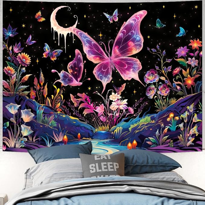 Yuiqear Blacklight Butterfly Tapestry UV Reactive Floral Plant Tapestries Trippy Nature Landscape Wall Tapestries Mysterious Starry Night Sky Tapestry Wall Hanging for Bedroom Decor