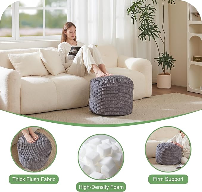 Round Stuffed Pouf, Corduroy Poufs with Foam Chunk Filling,20 X 15 Inches Floor Poufs Foot Rest for Living Room