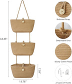 TeoKJ Over the Door Hanging Baskets with Wooden Button, 3-Tier Woven Cotton Storage Organizer Bag, Wall-Mounted with Hook Decorative Hanging Nursery Baskets, Jute