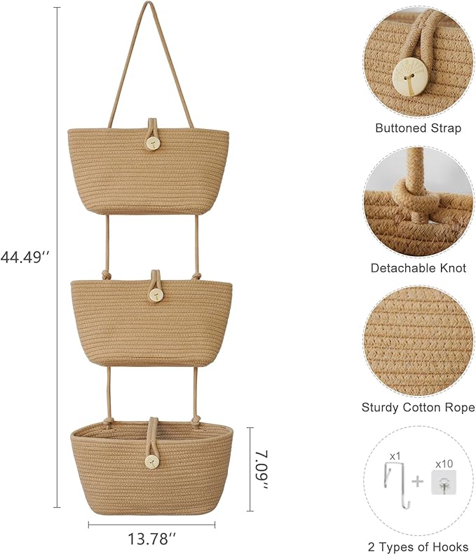TeoKJ Over the Door Hanging Baskets with Wooden Button, 3-Tier Woven Cotton Storage Organizer Bag, Wall-Mounted with Hook Decorative Hanging Nursery Baskets, Jute