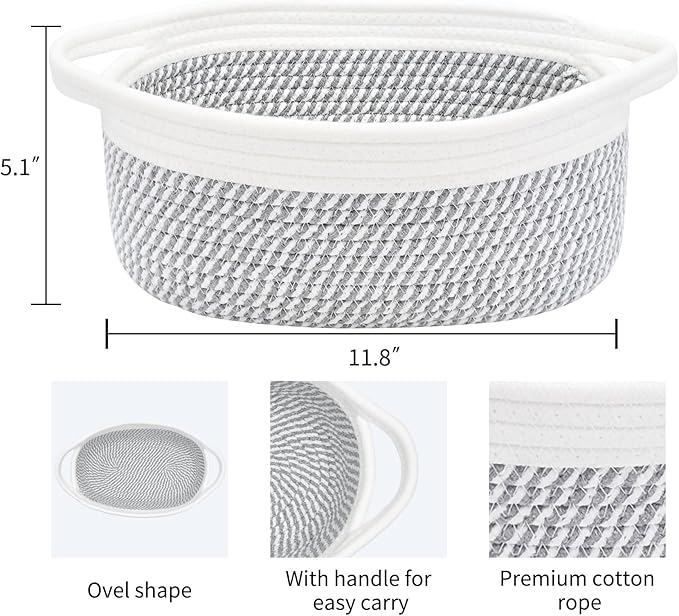 ABenkle Small Basket, 12"x 8" x 5" Cute Small Woven Basket, Rope Room Shelf Storage Basket, Cat Dog Toys Basket Chest Box, Decorative Empty Gift Basket with Handles