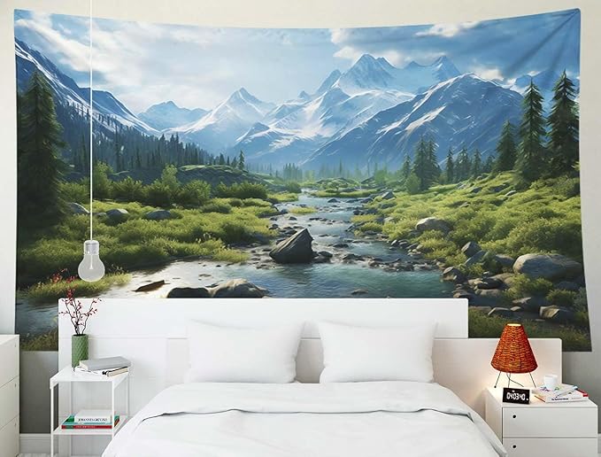 EMMTEEY Landscape Tapestry Home Decor Wall Art Big 80X60 Inch-Forest Mountains Water Scenery Durable Wall Tapestry