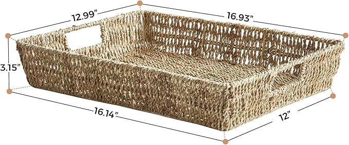 16.93 inch Rectangular Wicker Tray, Hand-Woven Rattan Serving Trays with Handles for Snack Drinks Coffee Table Tray, Seagrass 1Pack