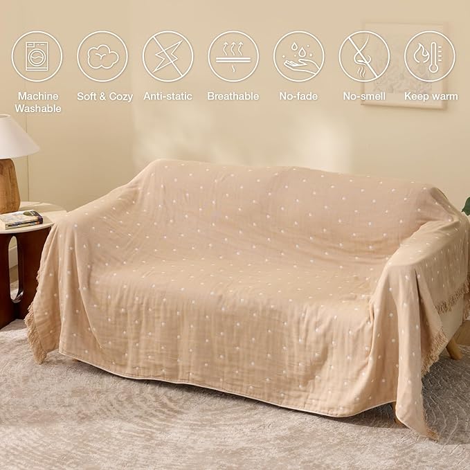 100% Cotton Boho Throw Blanket for Home Decor – Classic Farmhouse Quilt Bedding, Muslin Blankets for Adults, Vintage Woven Decorative Blanket for Couch, Bed Layering Use, Classic Dotted, 104"x90"