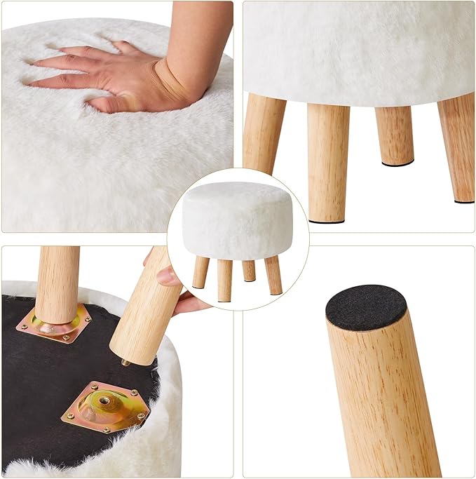 YMYNY Round Pouf Ottoman Small Foot Stool Faux Fur Foot Rest for Couch Modern Boho Footstools with Wood Legs for for Living Room Bedroom Office 12.6" D×12.6" W×12.6" H White UHBD035W