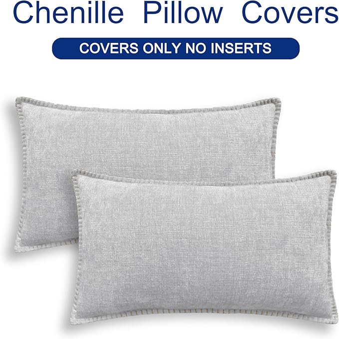 CaliTime Throw Pillow Covers Decorative 12 X 20 Inches Pack of 2 Cotton Thread Stitching Edges Solid Dyed Soft Chenille Cushion Cases for Couch Sofa Bed Living Room Farmhouse Moonbeam Gray