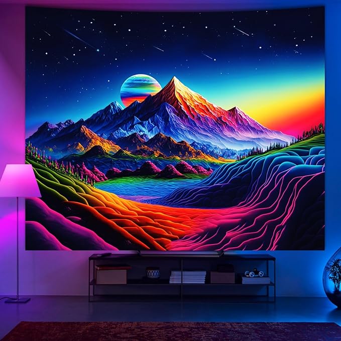 Apdidl Extra Large Blacklight Posters Space Mountain Tapestry for Bedroom, UV Reactive Sun Nature Tapestries Wall Hanging, Colorful Starry Sunrise Tapestry Aesthetic for Living Room Dorm (71" X 90")