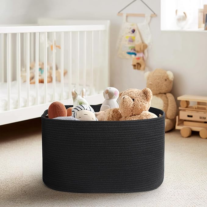 Black Basket for Blankets, 75L Large Woven Blanket Storage for Living Room, Cotton Rope Baskets for Organizing, Kids Dog Toy Bin Box, Rectangle Pillow Holder Organizer, 22”x17”x12”