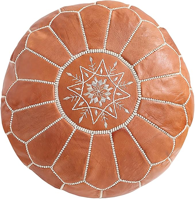 Unstuffed Genuine Round Leather Pouf | Moroccan Ottoman Footstool, Footrest Cover | Super Soft Handmade Ottoman Faux Comes in 20" D x 20" W x 14" H