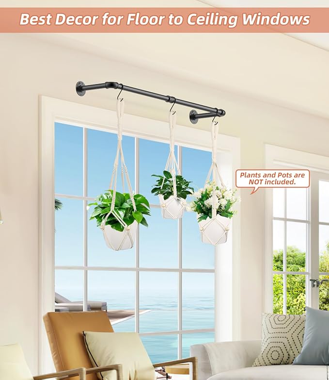 Plant Hanging Rod, with 3Pcs Macrame Plant Hangers and 3 Hooks, 32" Plant Hanger Indoor, Hanging Planter for Indoor Plants, Window Wall Ceiling Plant Hanger (POTS & PLANTS NOT INCLUDED)…