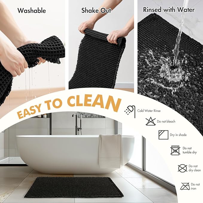 MIULEE Set of 2 Waffle Bathroom Rugs, Boho Bath Rugs Non Slip Washable, Super Absorbent Bath Mats, Ultra Soft Rubber Backed Shower Mats for Bathroom Floor, Tub and Shower, Black, 17x24 Inch
