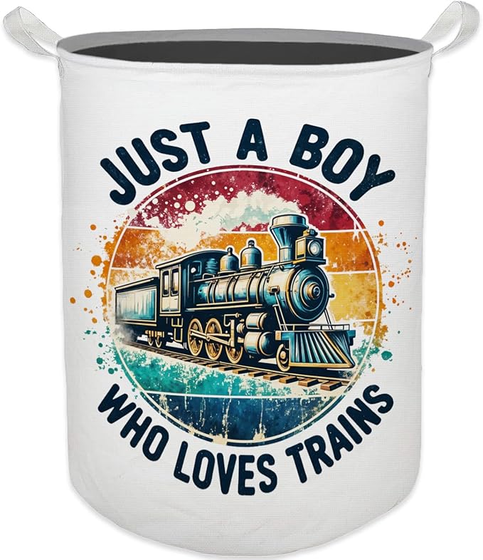 Just a Boy Who Loves Trains Laundry Basket, Toybox for Boys, Gifts for Train Lovers Enthusiasts Laundry Hamper Waterproof Collapsible Storage Bin Organizer for Bedroom Bathroom Dorm Clothes Toys
