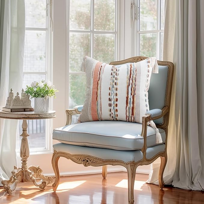 decorUhome Boho Decorative Throw Pillow Covers 18x18 Set of 2, Striped Chenille Tufted Pillow Covers with Tassels for Couch Bed Sofa, Cream White and Orange