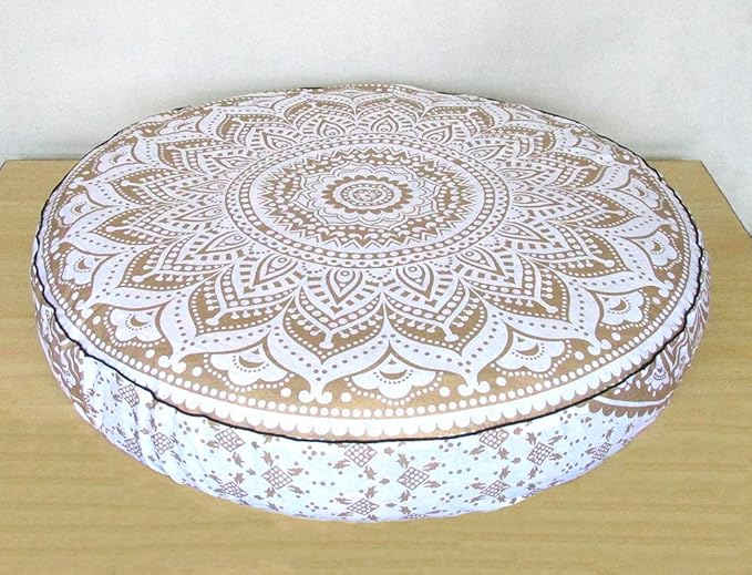 ICC Large Hippie Mandala Round Floor Pillow Cover Ottoman Pouf Cover Daybed Oversized Cotton Cushion Cover with Heavy Duty Zipper Seating Ottoman Poufs Dog-Pets Bed (White Gold Ombre, 35" Round)