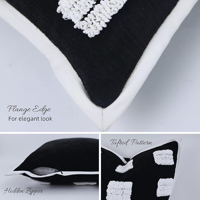 Tufted Boho Throw Pillow Cover, Soft and Luxurious Chenille Fabric, 18x18 inches, Decorative Black and White Pillowcase for Couch, Bedroom, Living Room, Modern Pillowcase for Home Decor