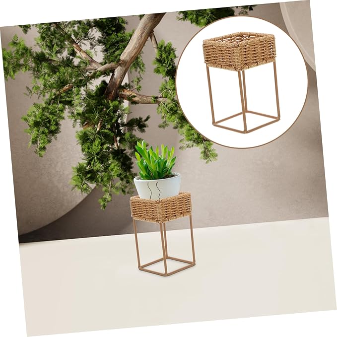 Unomor Boho Wicker Plant Stands Indoor Plant Shelf Small Decorative Tiered Tray for Bonsai Pots Cactus Decorative Pot