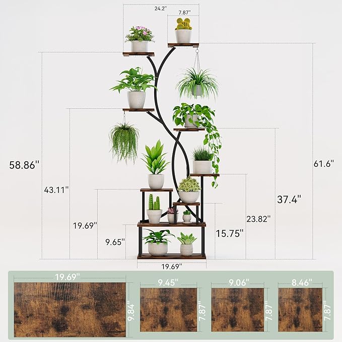 Plant Stand Indoor with Grow Lights 9 Tiered Wood Indoor Plant Shelf 62" Tall Plant Stand Metal Frame for Indoor Plants Multiple Flower Pot Holder, Large Plant Rack for Living Room Patio Corner