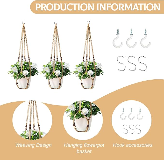 3Pcs Macrame Plant Hangers Indoor 35Inch Brown Hemp Rope Plant Hanger Hanging Plant Holders Hanging Planter Basket Flower Pot Holder with S Hooks and Hook Nails, Crochet Home Decor Plant Hanger
