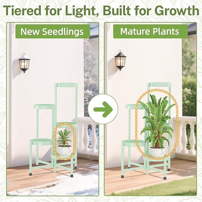 iDavosic.ly Plant Stand Indoor Outdoor, 5 Tier Corner Metal Flower Display Holder Shelf, Folding Tall Orchid Rack for Patio Balcony Porch Garden Living Room House, Light Green