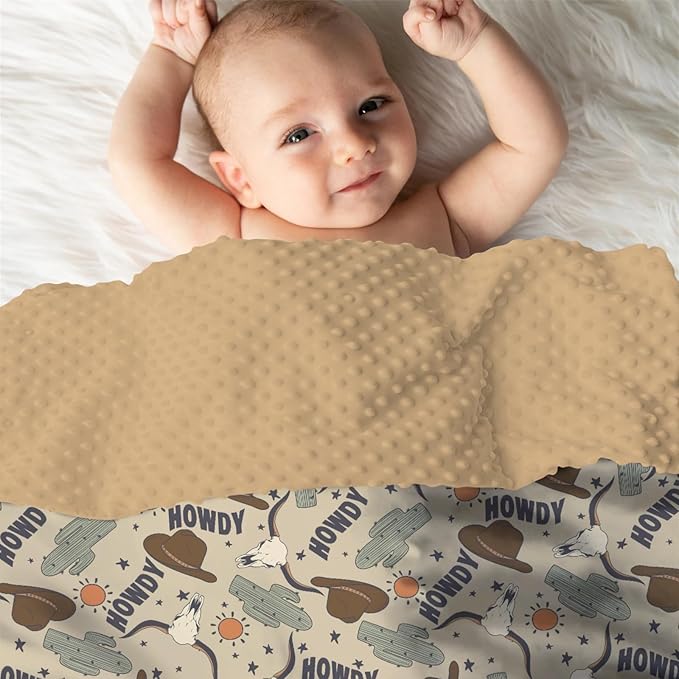 Mink Baby Boy Girl Blanket Western Howdy Cowboy Cowgirl, Boho Cactus Sun Cow Skull Hat Soft Double Layer Dotted Backing Receiving Swaddle, Newborn Infant Toddler Nursery Crib Bedding Shower Gift 30x40
