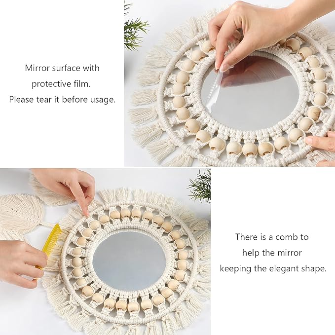 Dremisland Hanging Wall Mirror-Boho Macrame Fringe Round Decorative Mirror with Wood Beads Feather Pendant，Art Ornament for Apartment Home Bedroom Living Room