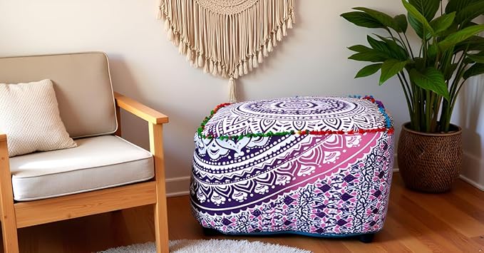 CRAFT KALA Large Hippie Mandala Meditation Floor Ottoman Pillow Cushion Pouf Cover Square Poufs Cover Bohemian Circle Floor Cushion Cover Outdoor Fireplace Living Room Decor 18X18X14 inches,Pink Ombre