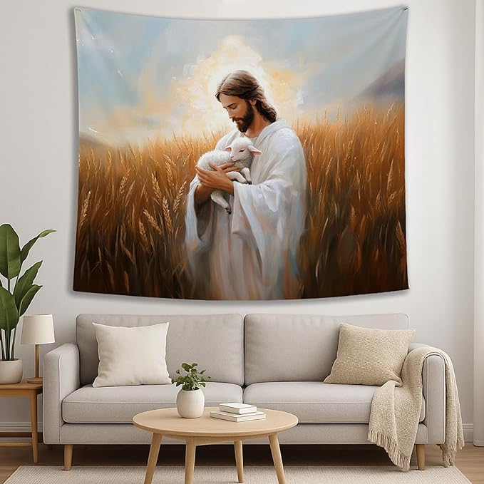 bitCNY Jesus Holding Lamb Tapestry – The Good Shepherd Christian Wall Decor, Religious Art for Faithful Homes, 50x60 Inch Soft Fabric