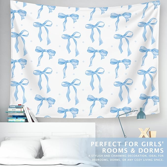 LIANGW Light Blue Coquette Trendy Preppy Wall Tapestry – Blue Bow Aesthetic Hanging Tapestry for Girls Bedroom or Dorm Room Decor,Based Blue Room Decor Aesthetic 50x60 Inch