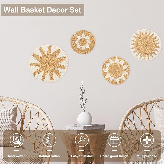 4 Pack Boho Wall Basket Decor Set, Hanging Woven Gourd Grass Rattan Wicker Boho Wall Decor, Round Farmhouse Wall Hanging Baskets Rustic Flat Wall Art for Living Room Bedroom Kitchen (Style 11)