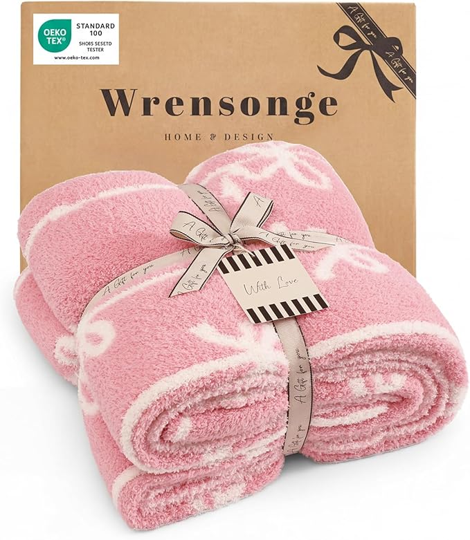 WRENSONGE Throw Blanket Vertical Stripes Bowknot Pink Soft Cozy Fluffy Warm Throw for Couch Sofa Bed Camping Picnic Travel Lightweight - 50"*60"