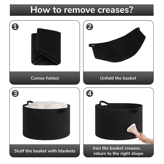 Goodpick Blanket Basket 19.7'' x 12.6'', Woven Storage Baskets, Cotton Rope Toy Storage for Kids, Home Decor for Living Room, 65L Black