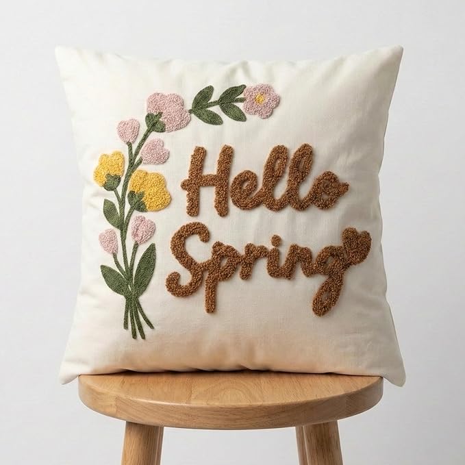 Hello Spring Tufted Pillow Cover with Embroidered Wild Flowers, Textured Floral Botanical Canvas Throw Pillow Case for Boho Easter Family Welcoming Decoration, 18x18 inches, 1PCS (Cover Only)