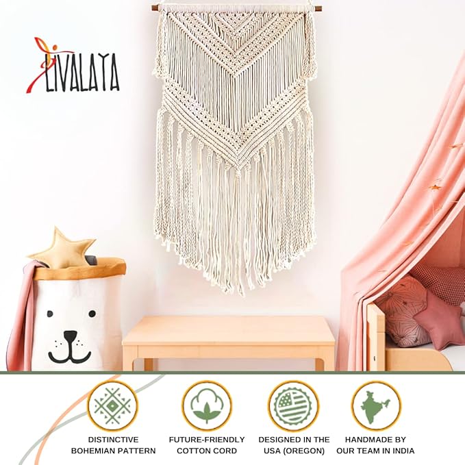 Livalaya Boho Macrame Woven Wall Hanging Beige 16 in x 36 in Modern Bohemian Tapestry wall Art Decor for House, Apartment, Dorm, Bedroom, Nursery, Party Decorations, Wedding, Wall Ornament