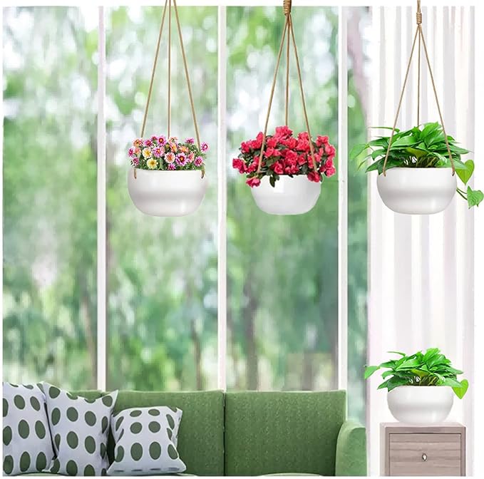 Ceramic Hanging Planters for Indoor Outdoor Plants,8 in Modern Plant Pot Round Porcelain Hanger Basket with Rope Hanging Plant Holder Drainage Flower Pot for Herbs Ferns Ivy Pothos,White