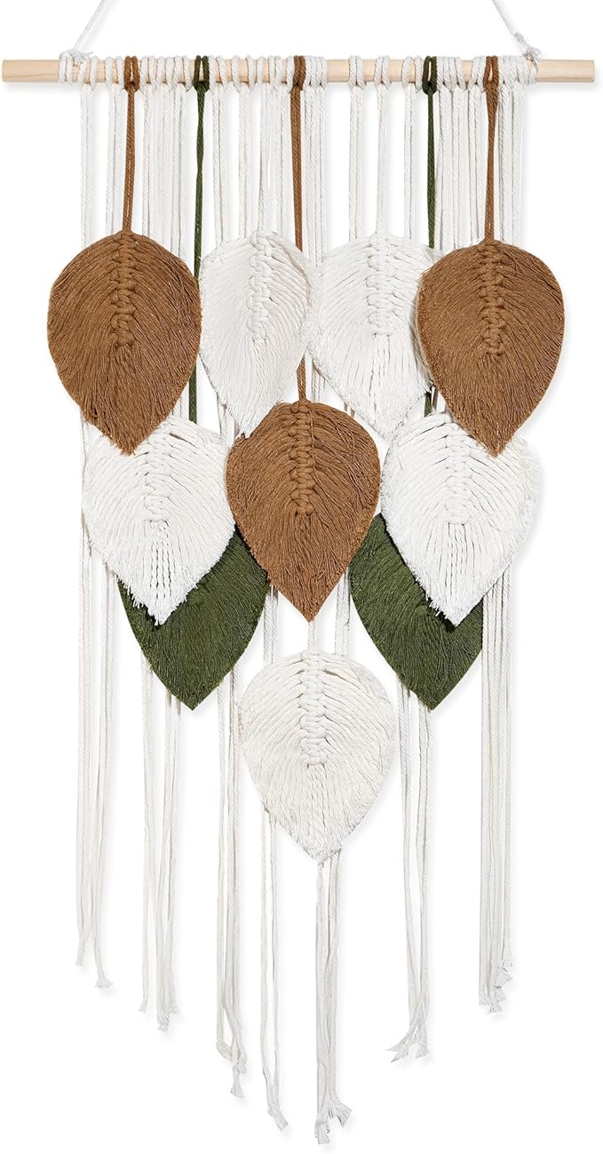 NYEONHRT Macrame Wall Hanging Boho Leaf and Feather Tapestry Handmade Woven Wall Art for Living Room Bedroom Nursery Decor 16x31 Inch (Brown green)