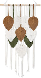 NYEONHRT Macrame Wall Hanging Boho Leaf and Feather Tapestry Handmade Woven Wall Art for Living Room Bedroom Nursery Decor 16x31 Inch (Brown green)