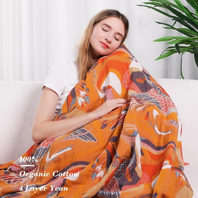 Boho Large Throw Blanket, 100% Organic Cotton Breathable Soft Bed Throw - Floral Bird Farmhouse Decor Blanket for Sofa Couch Chair Quilt and Gift. 91" x 98"- Colorful